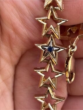 Vintage Gold Tone Star Link Bracelet Celestial Blue Stone 7.5”